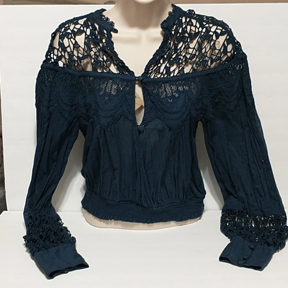 Free People Santa Paula Navy blue long sleeve blouse women size XS